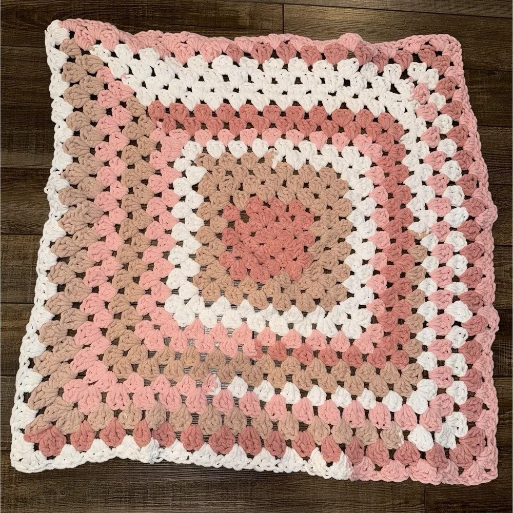 Handmade Crochet Baby Blanket Pink Tan White Chunky Chenille Granny Square 32x32
